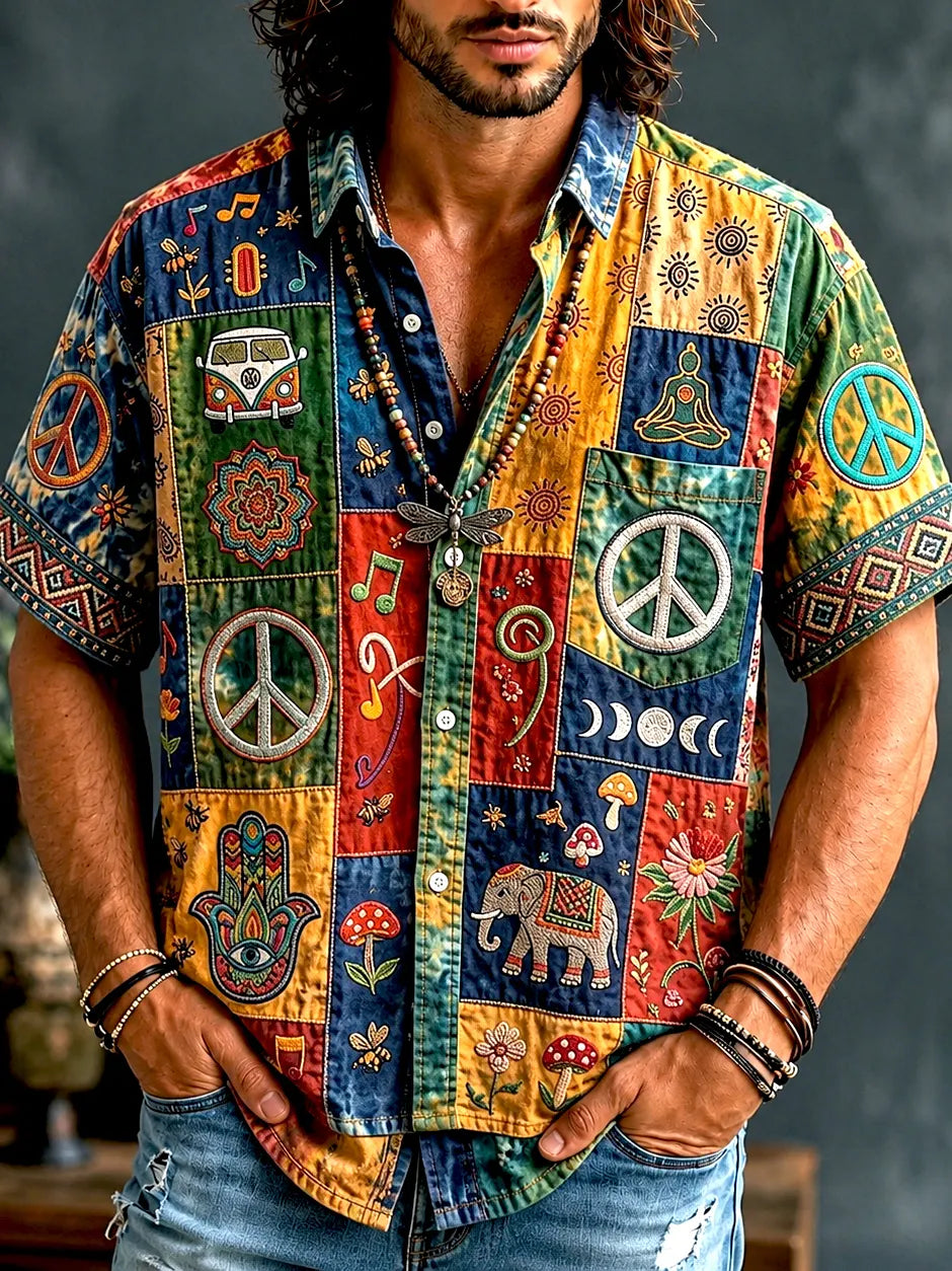 Men's Peace Sign And Guitar Hippie Patchwork Print Casual Shirt