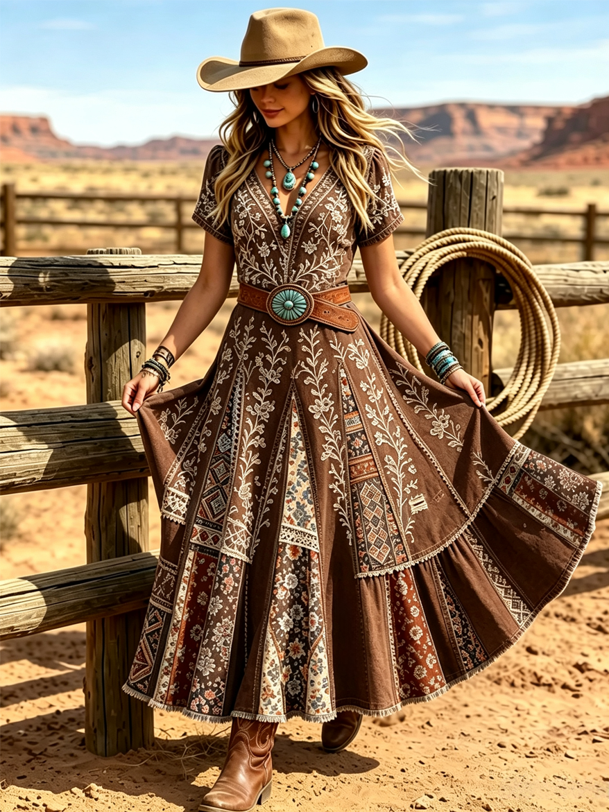Women's Western Vintage Linen-Blend Maxi Dress