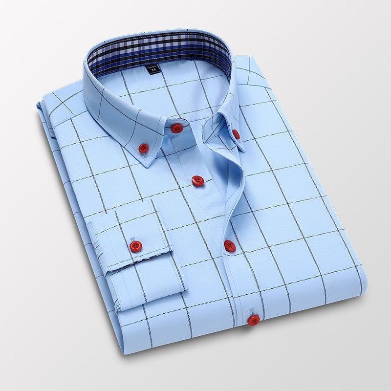 Men’s long-sleeve shirts with a plaid color-block design