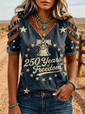Women's Western Independence Day Liberty Bell Stars Printed Cold Shoulder T-shirt