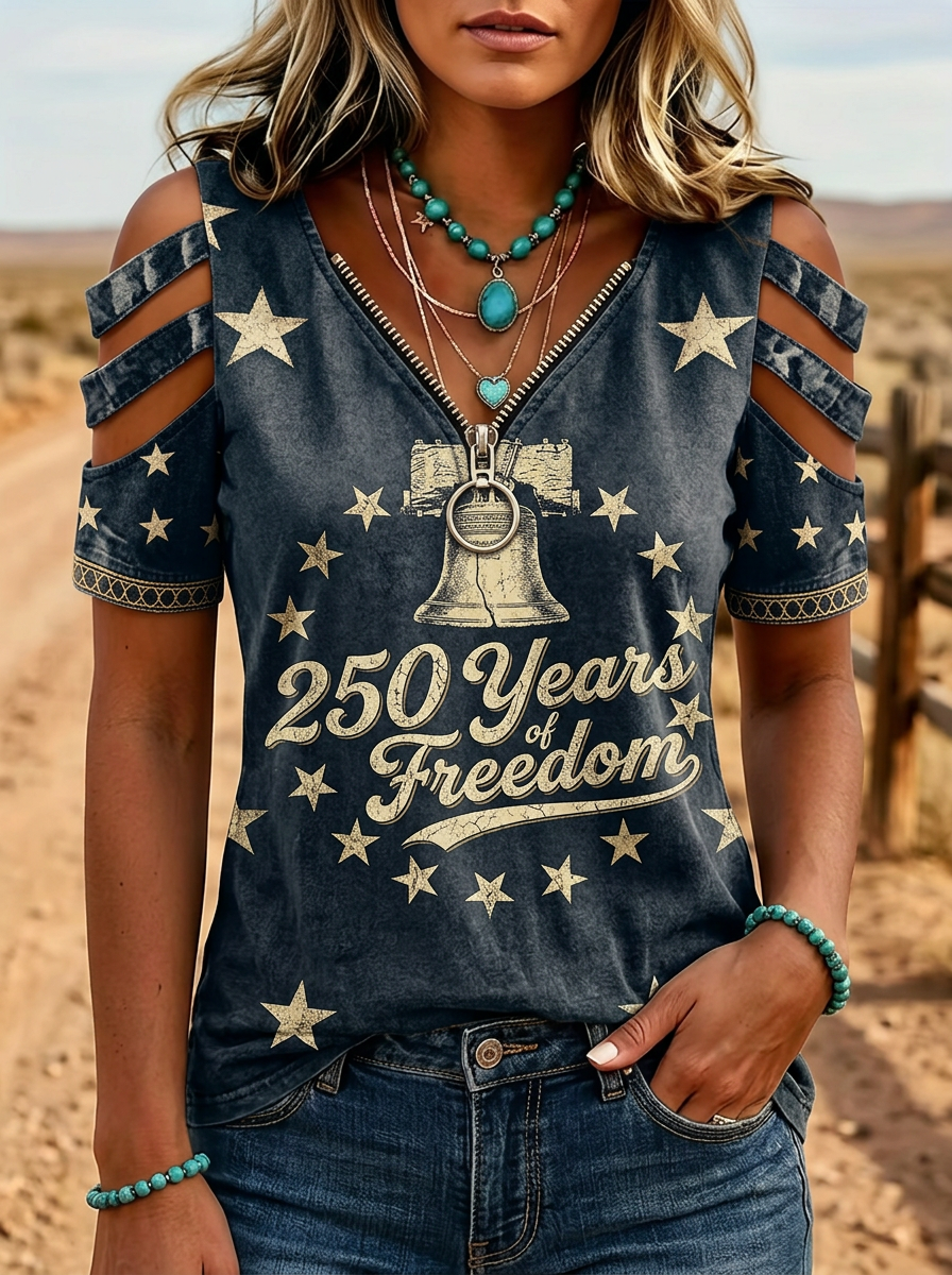 Women's Western Independence Day Liberty Bell Stars Printed Cold Shoulder T-shirt