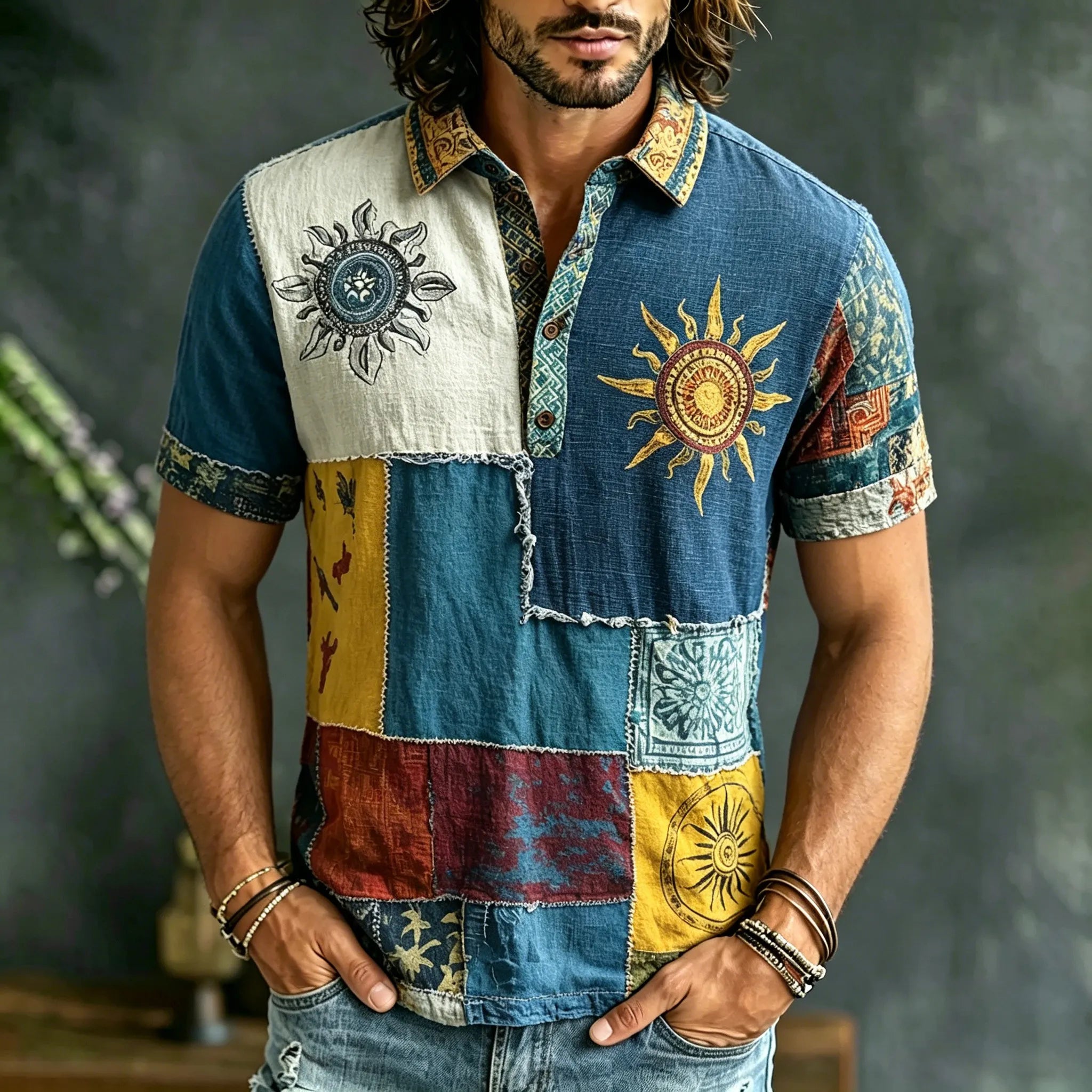 Men's Casual Retro Sun And Moon Hippie Print Polo Shirt