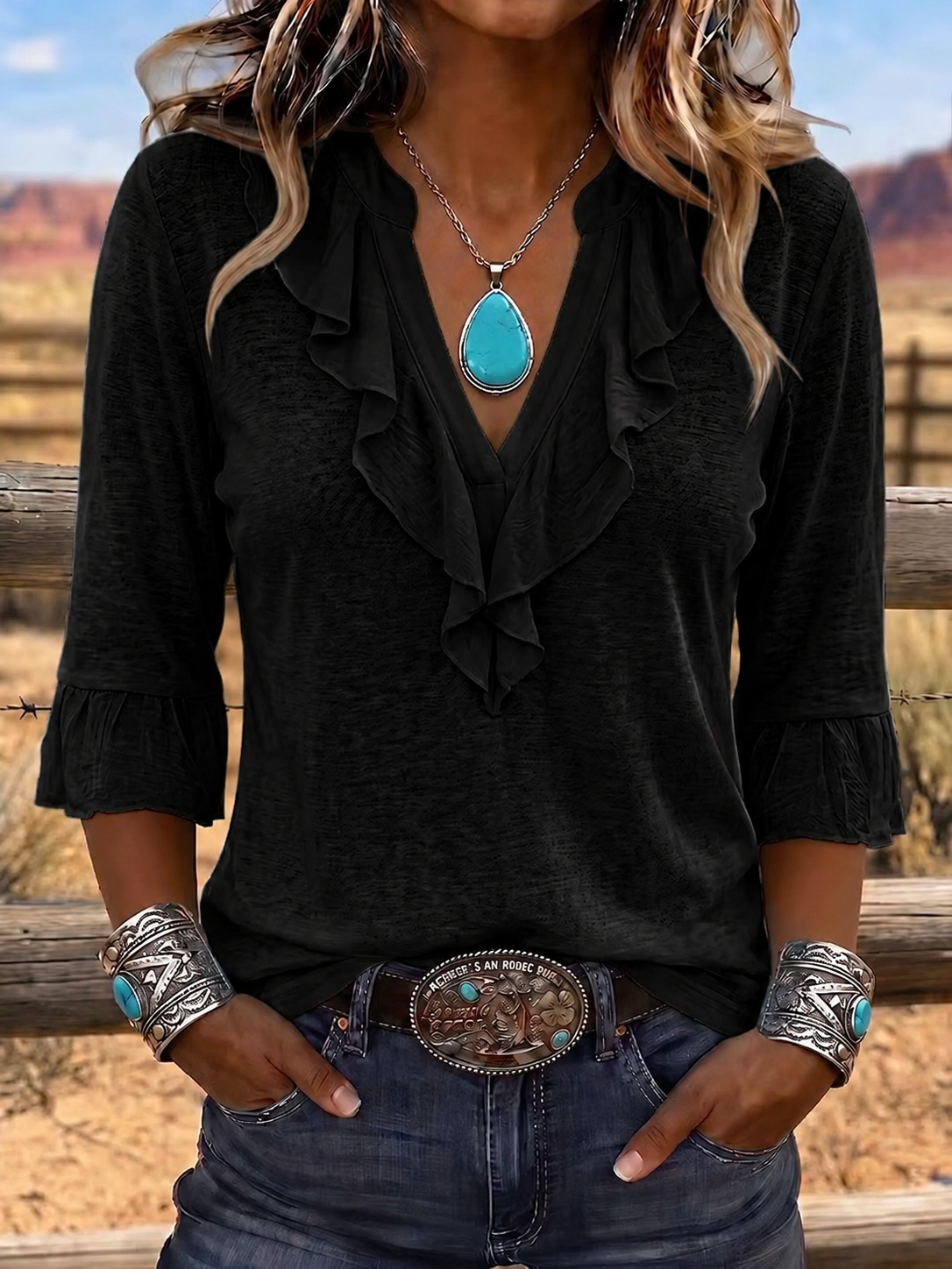 Women'S Casual Western Style V-Neck Ruffled Cotton And Linen Top