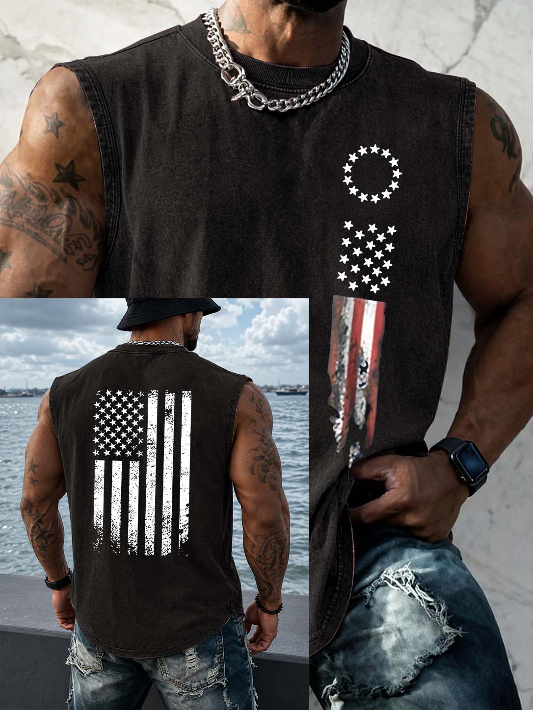 America Flag  Pattern Pattern Sleeveless 100% Cotton Washed Printed Loose Vest