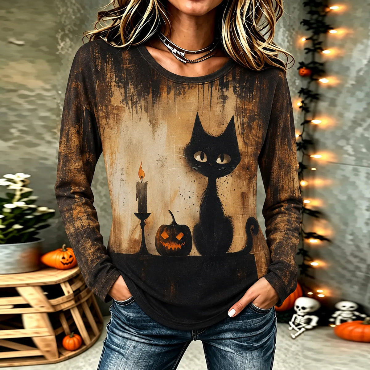 Women's Vintage Gothic Halloween Cat Print Comfy Print Long Sleeve Tshirt