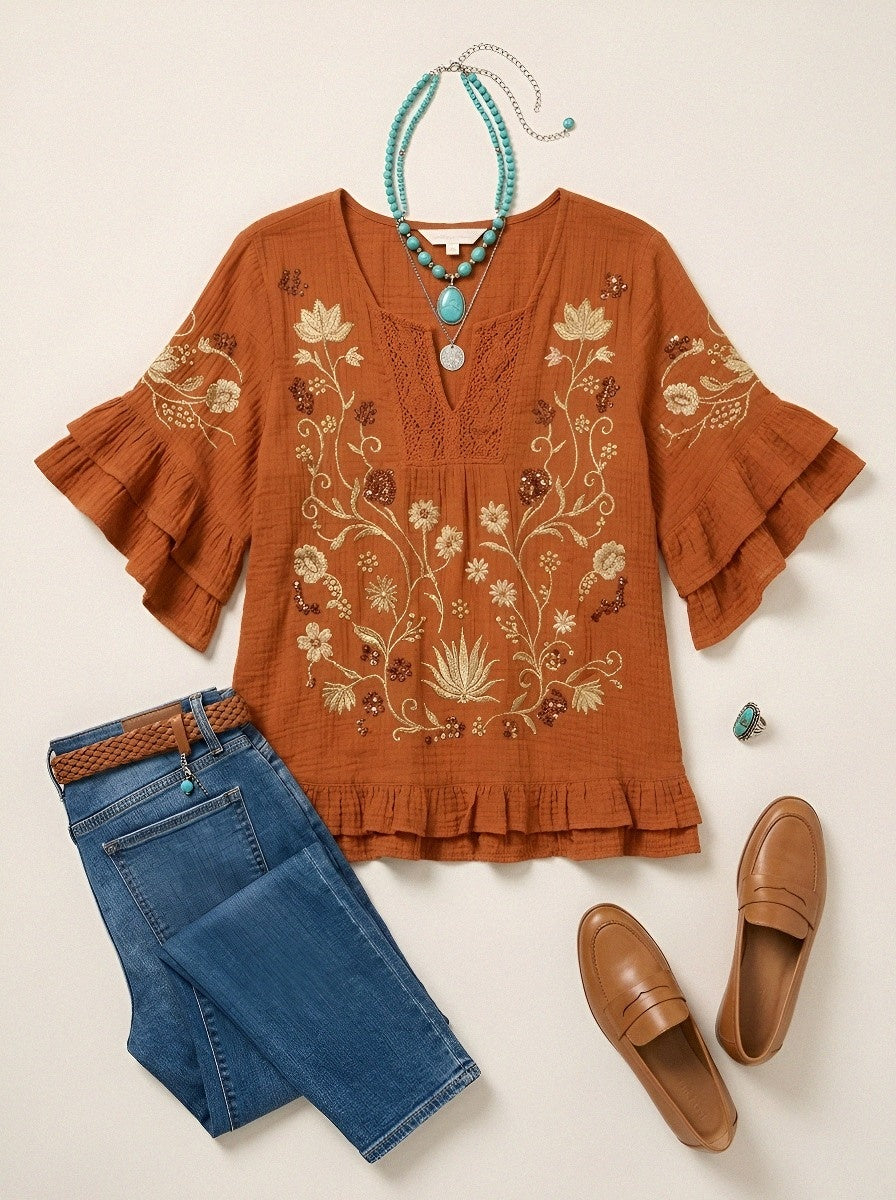 Women's Western Vintage Floral Embroidered Ruffle Sleeve Top