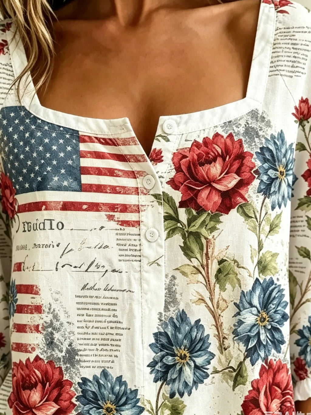 Women's Retro Flag Floral Newspaper Print Square Neck Button-Up Shirt