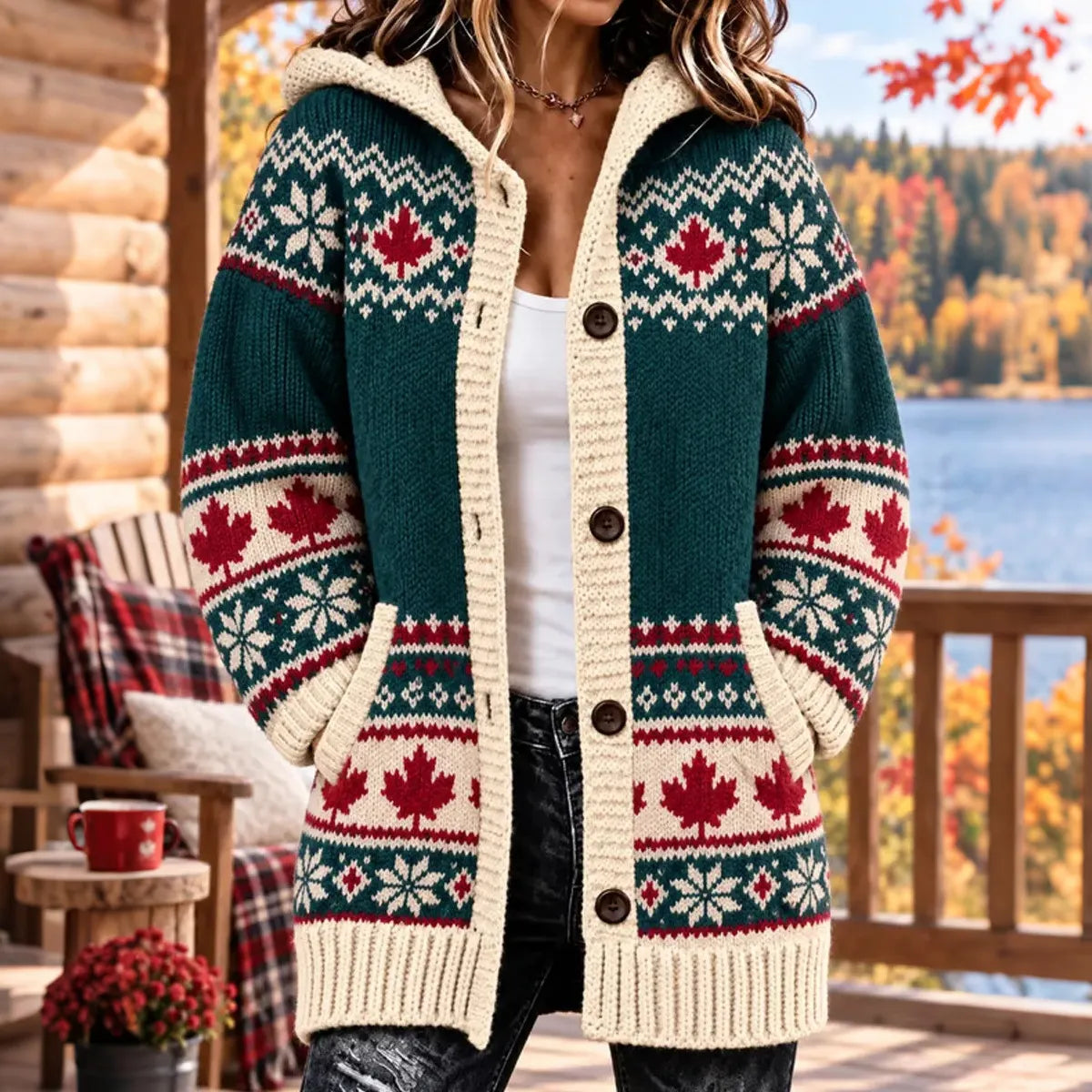 Women's Vintage Maple Leaf Pattern Color Blocking Print Knit Hooded Cardigan