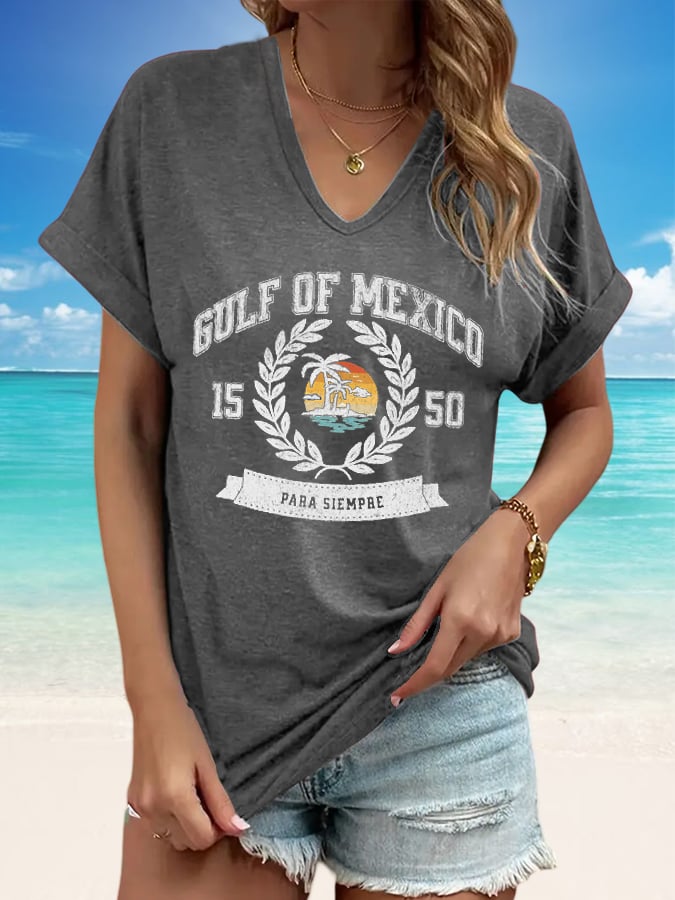 Retro Women's Gulf Of Mexico Print V-Neck Short Sleeve T-Shirt
