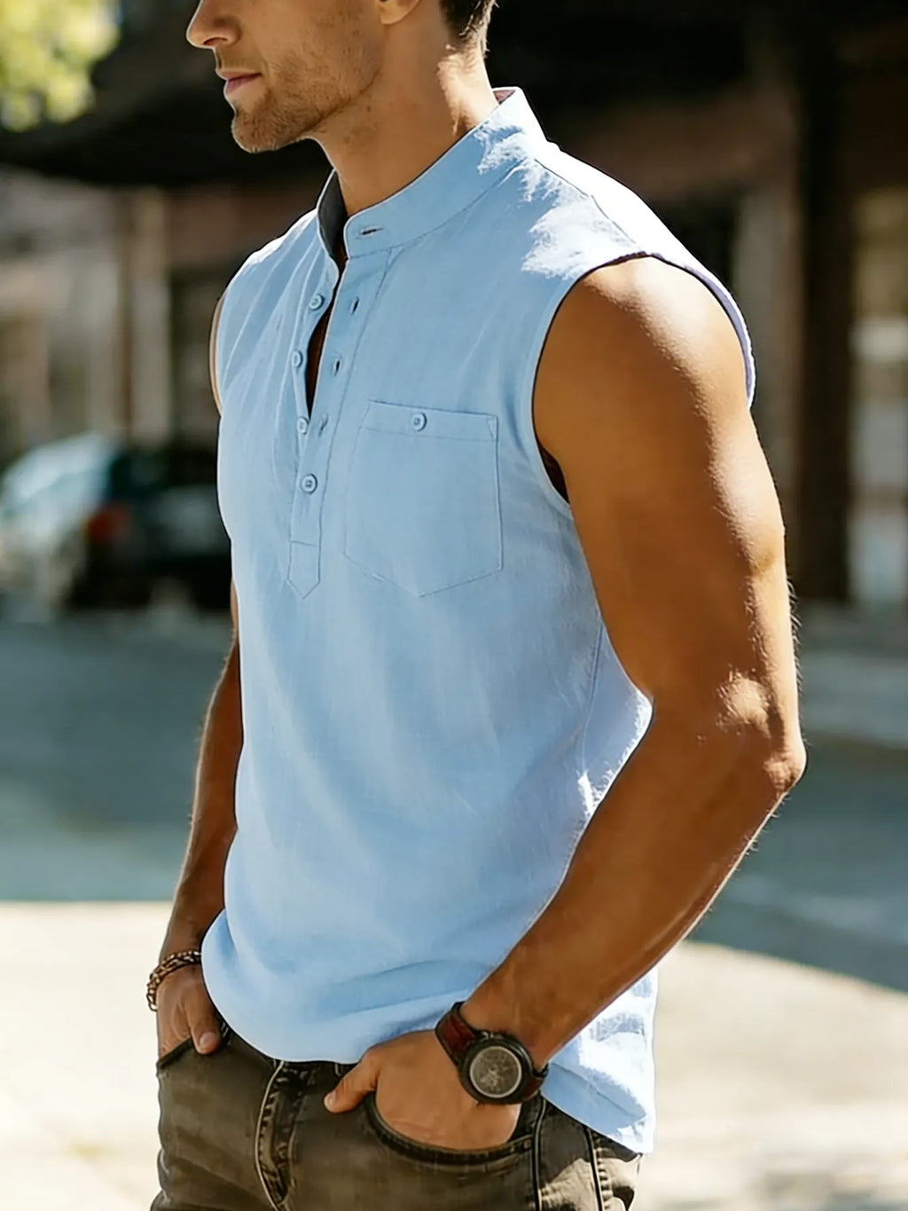 Men's Breathable Cotton-Linen Henley Casual Vest