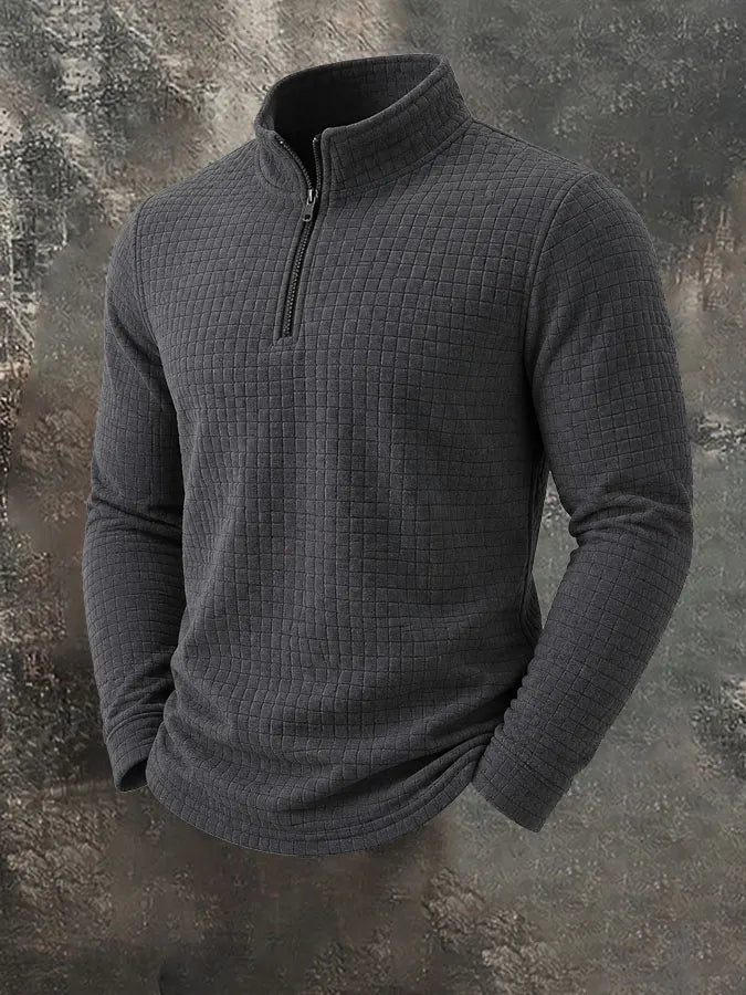 Men's American Retro Autumn And Winter Half-Zip Small Plaid Casual Stand-Up Collar Long-Sleeved Sweatshirt