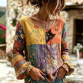 Women's Vintage  Cute Cat In Patchwork Art Embroidered Linen Blend Round Neck Long Sleeve Tops