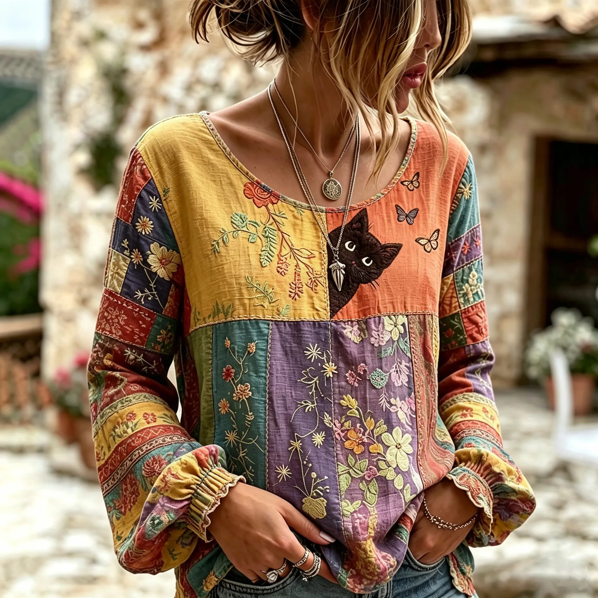Women's Vintage  Cute Cat In Patchwork Art Embroidered Linen Blend Round Neck Long Sleeve Tops