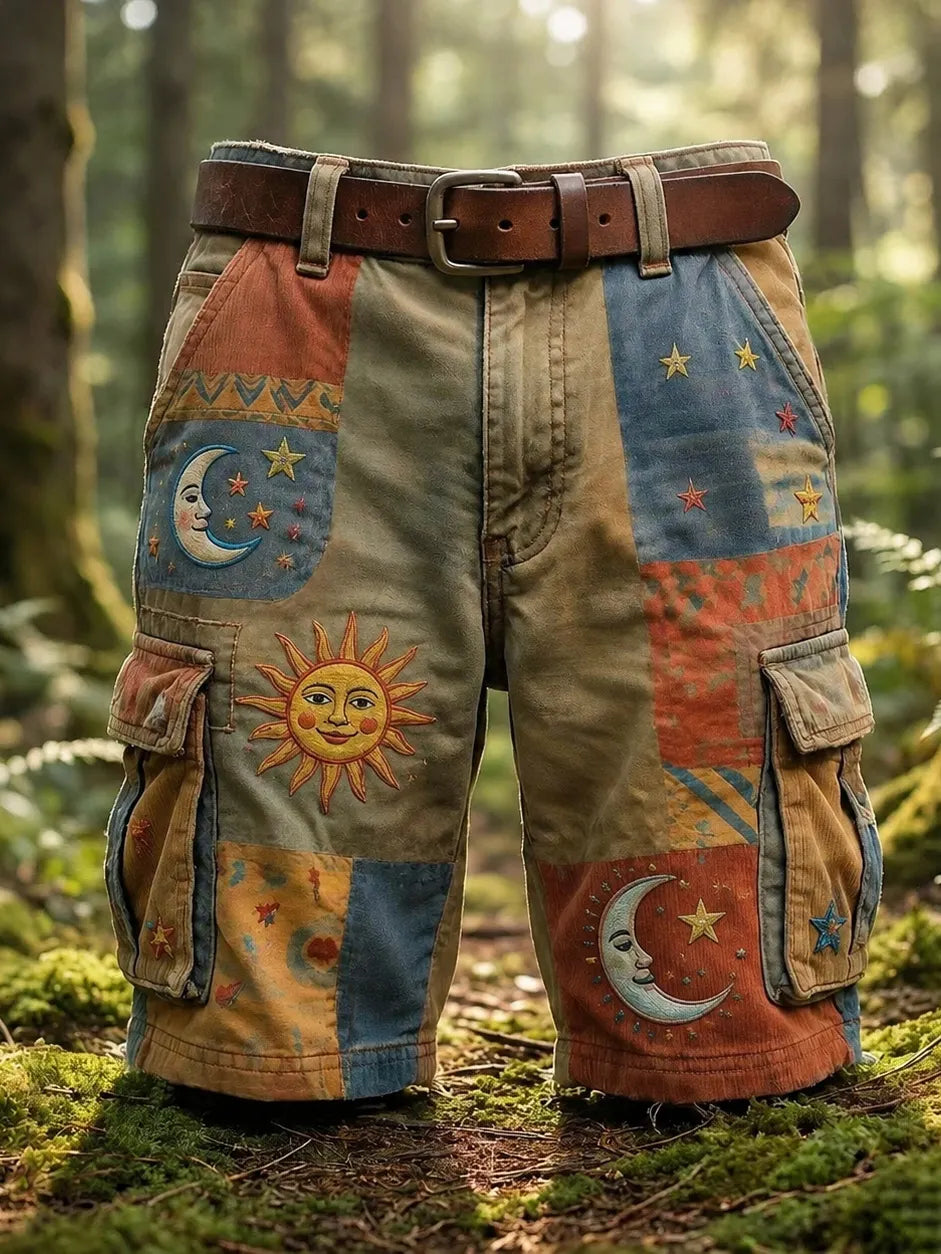 Men's Patchwork Sun Moon Star Boho Art Print Denim-like Cargo Shorts(no Belt)