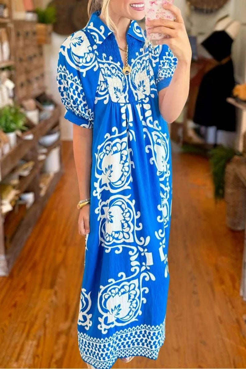 Blue Puff Sleeve Boho Midi Dress
