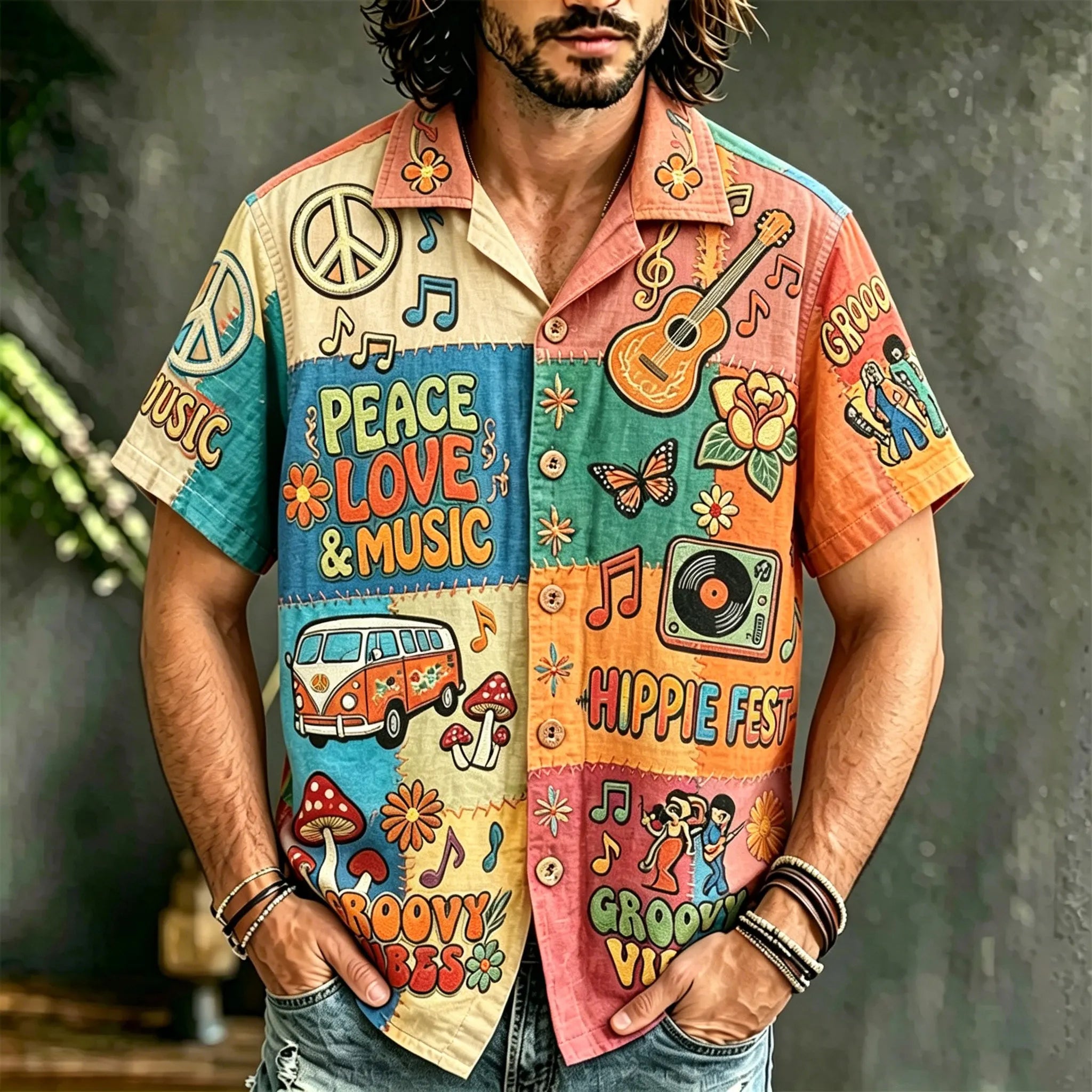 Men's Hippie Style Peace Love Music Patchwork Art Print Casual Shirt