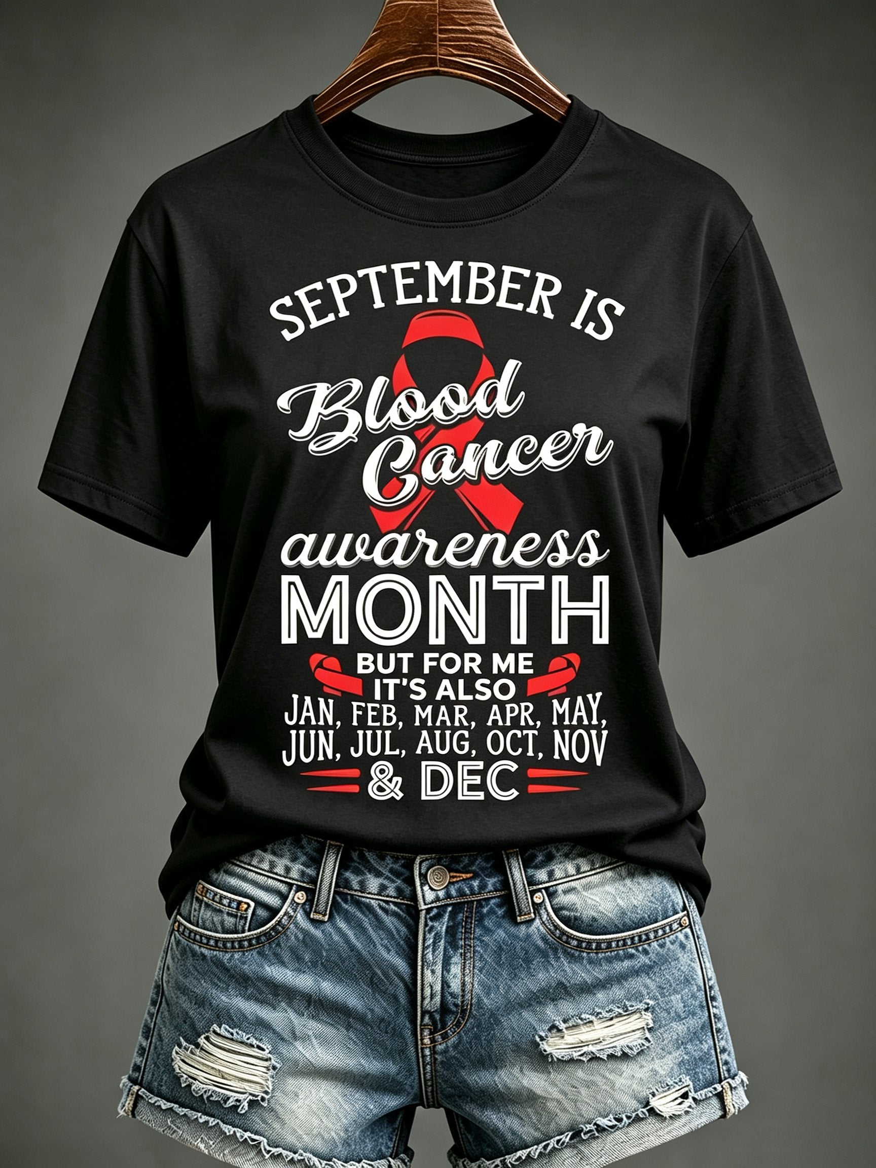 Women'S Blood Cancer Red Ribbon Health Awareness Round Neck T-Shirt