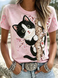 Women's Pink Casual T-Shirt with Cute Cat Animal Print