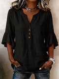 Women'S Solid-Color V-Neck 3/4-Sleeve Casual Loose Cotton-Linen Top