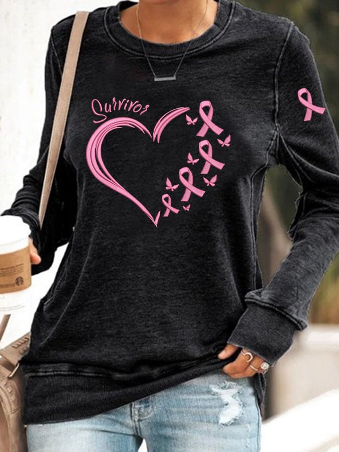 Women's Breast Cancer Awareness Heart Pink Ribbon Print Top