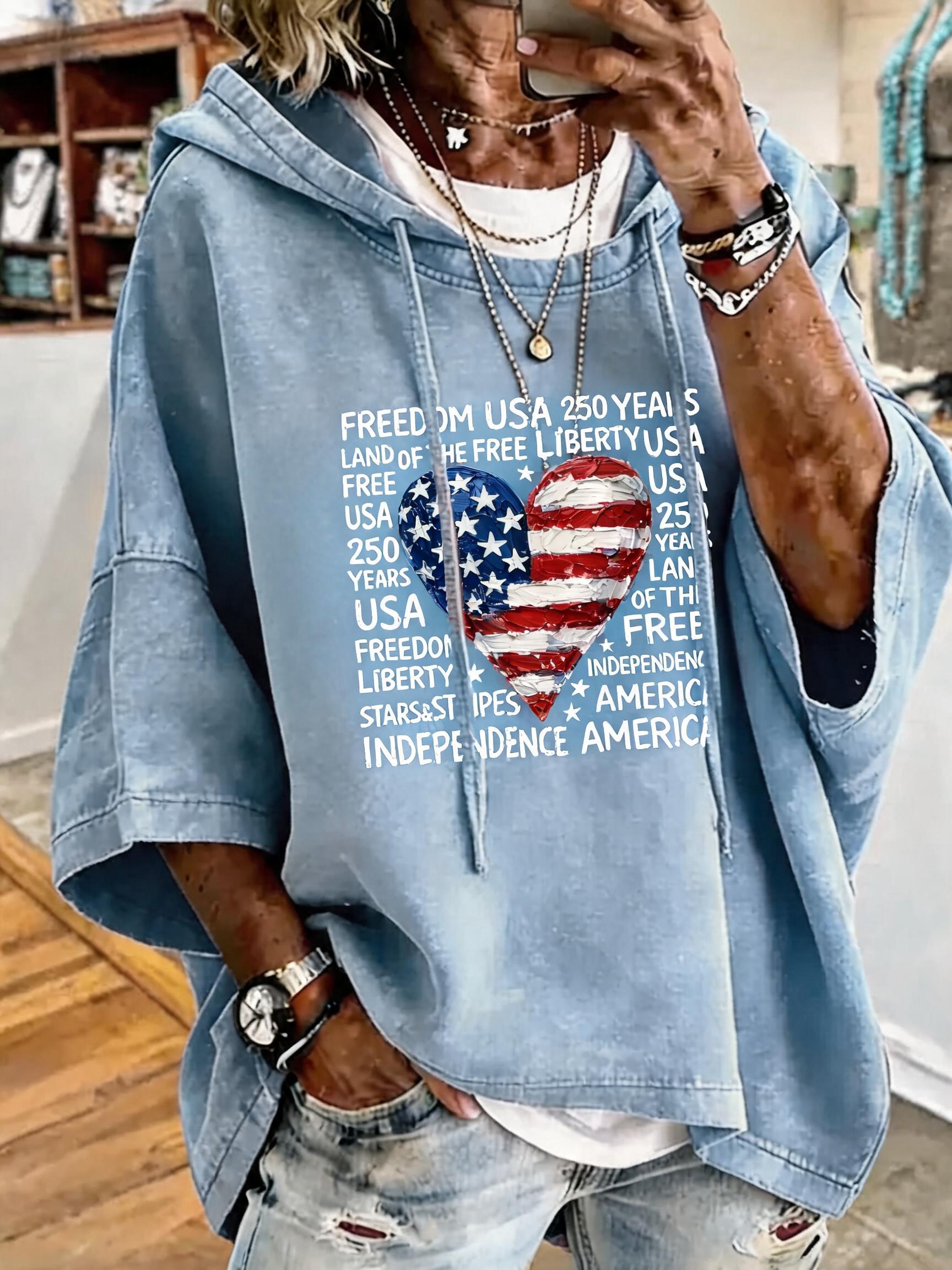 Women's Anniversary Flag Heart Print Oversized Hoodie