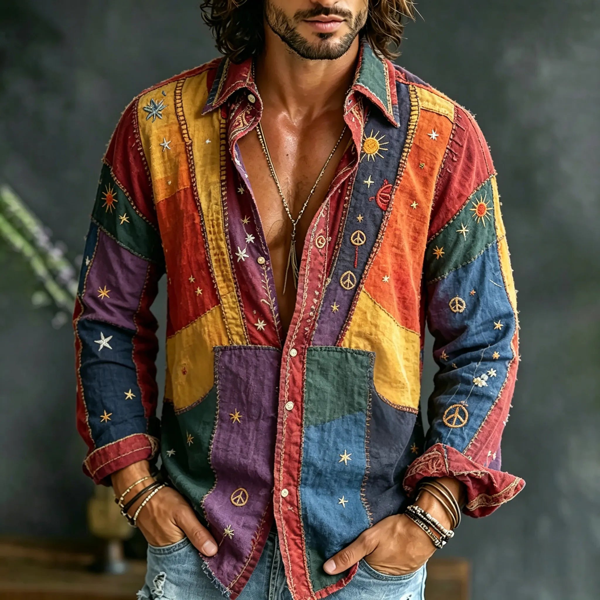 Men's Vintage Spring Patchwork  Hippie Vibe Embroidered Art Print Flowy Linen Blend Casual Shirt
