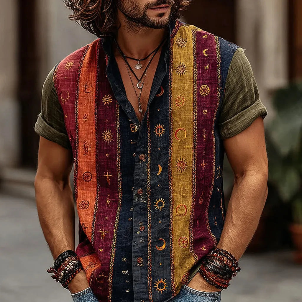 Men's Retro Hippie Sun Moon And Star Art Pattern Casual Shirt