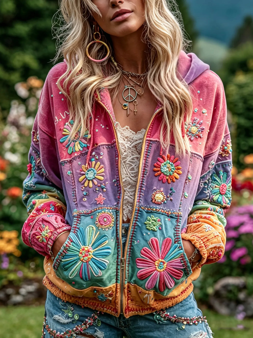 Women's Retro Hippie Floral Patchwork Embroidery Art Casual Zipper Hoodie