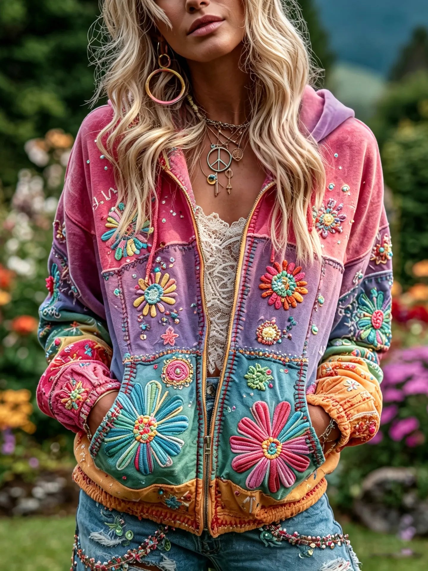 Women's Retro Hippie Floral Patchwork Embroidery Art Casual Zipper Hoodie