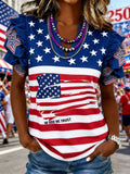 Women's patriotic 250th anniversary printed flag ruffled sleeve top