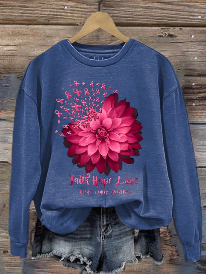 Women's Daisy Faith Pink Ribbon Breast Cancer Awareness Print Crew Neck Sweatshirt