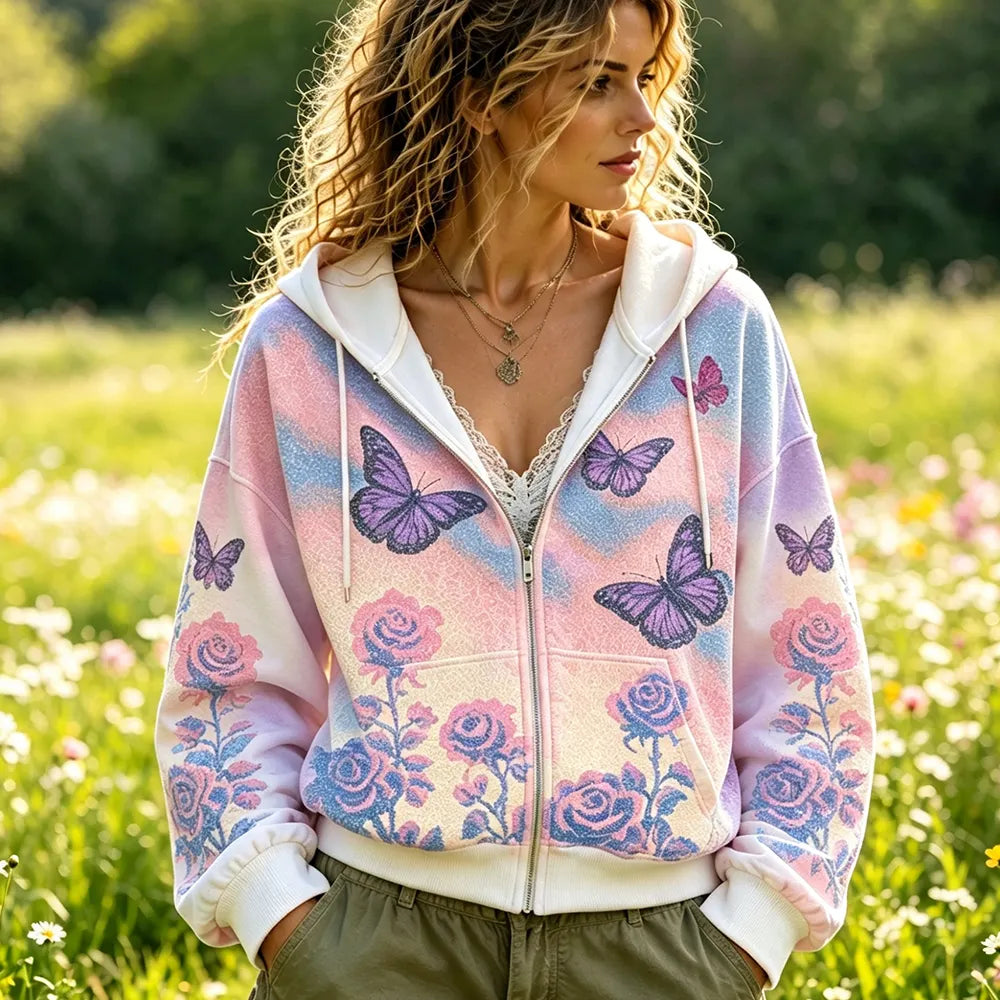 Women's Full-zip Hoodie With Tie-dye Gradient, Purple Butterflies, And Roses Print