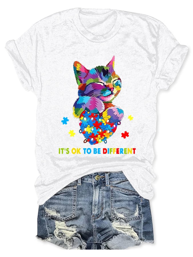 Round Neck Autism Awareness Cat It's Ok To Be Different Print T-Shirt
