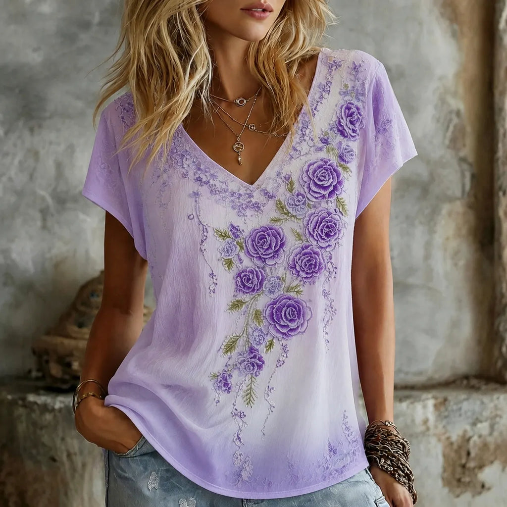 Women's Vintage Floral Art Flowy Linen Blend Casual Tops