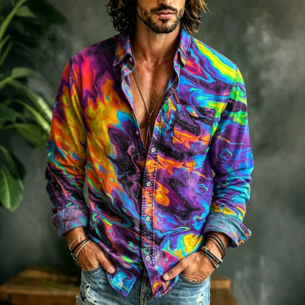 Men's Hippie Art Abstract Pattern Print Long Sleeves Linen Shirt