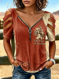 Women's Western Independence Day Cowboy 1776 Printed Zip T-shirt