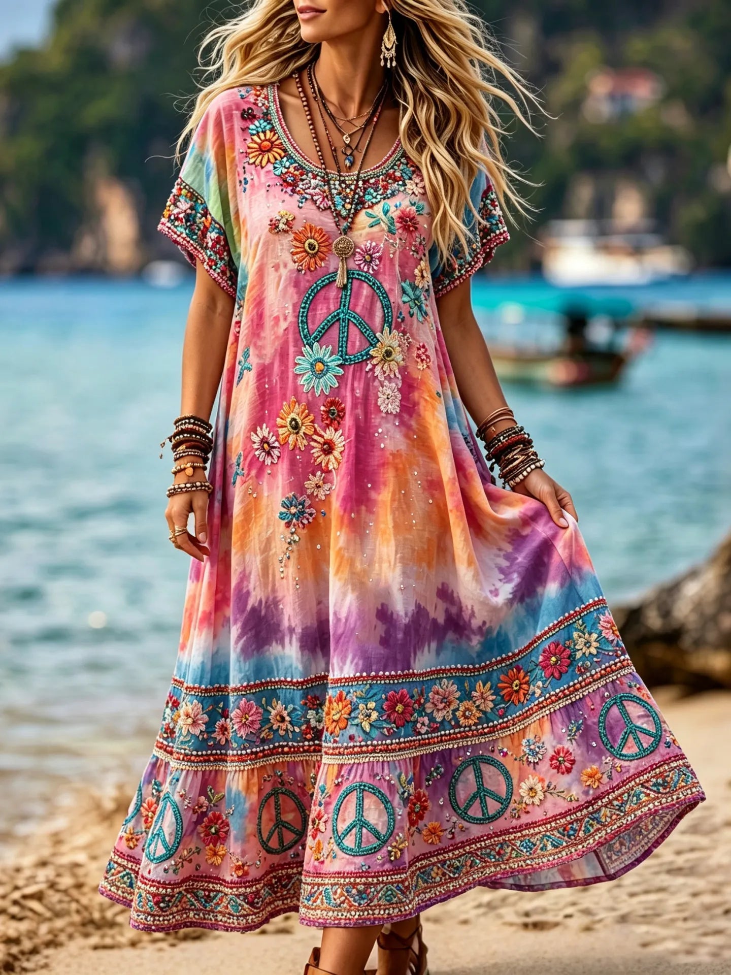 Women's Retro Hippie Floral Gradient Art Casual Short Sleeve Linen Maxi Dress