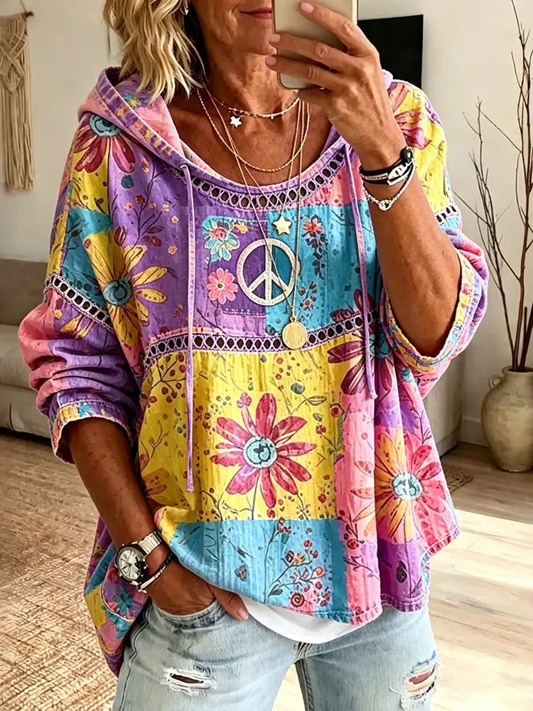 Women's Retro Color Block Hippie Vacation Cotton Linen Hooded Top