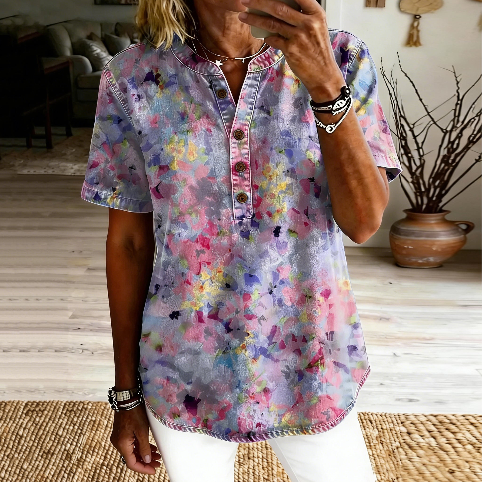 Women's Vintage Colorful Floral Art Print Casual Short-sleeve Top