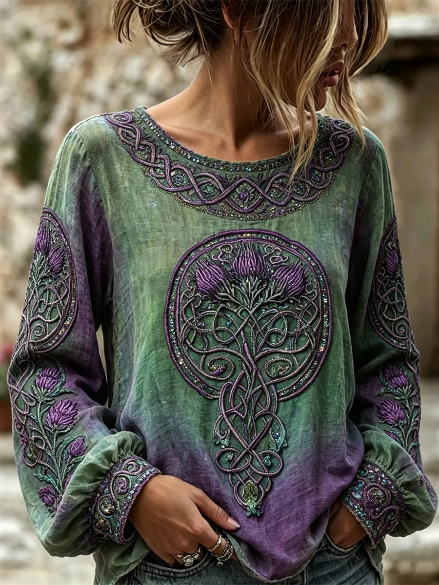 Women's Vintage Classy Thistle Celtic Knot Gradient Print Cotton Linen Top