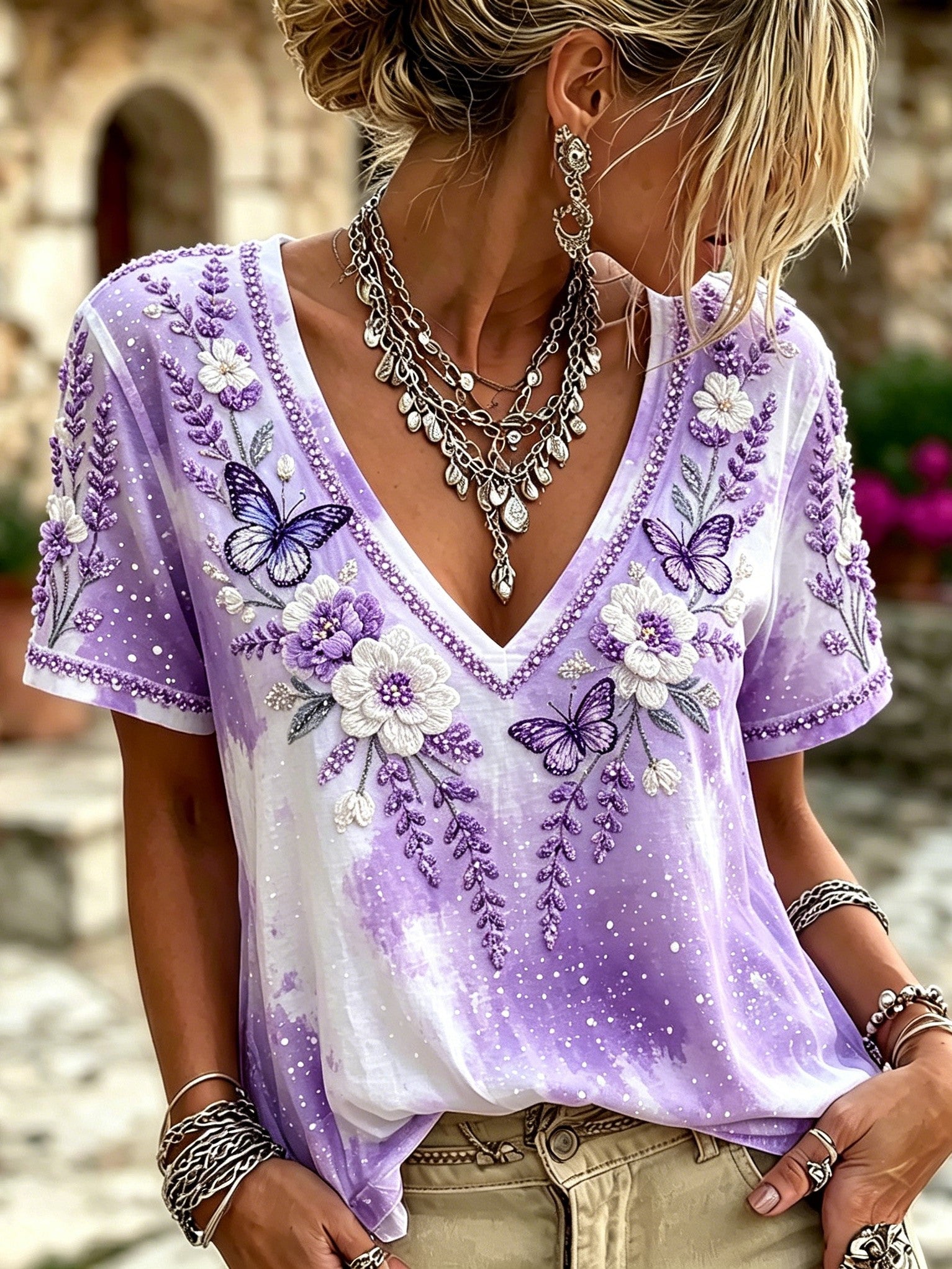 Women's Floral And Butterfly Embroidered V-neck Top