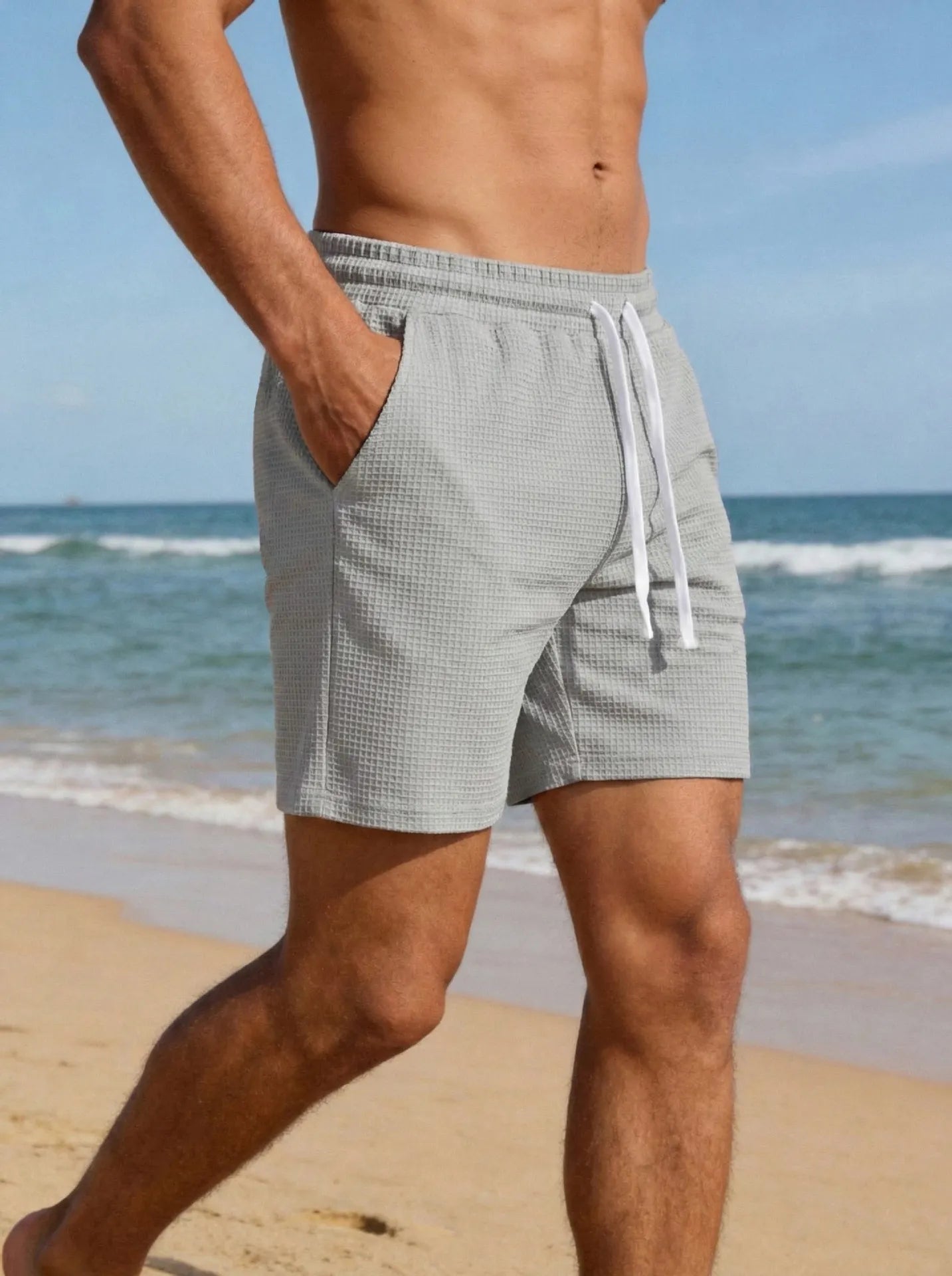 Men's Casual Solid-Color Waffle-Knit Drawstring Shorts with Pockets