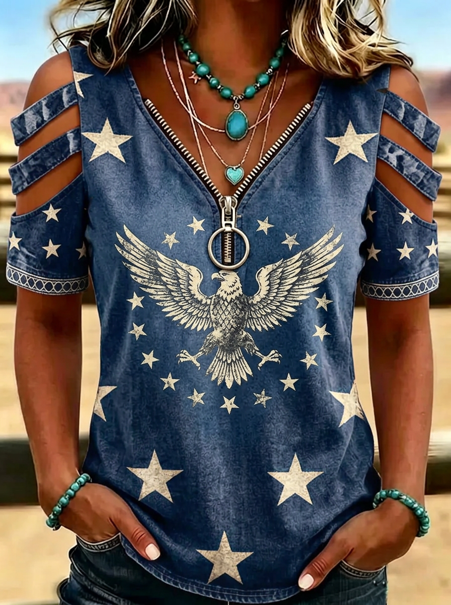 Women's Western Independence Day Eagle Stars Printed Cold Shoulder T-shirt-5