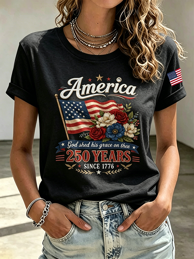 Ladies' Casual American 250Th Anniversary Floral Commemorative Round Neck Short Sleeved T-Shirt
