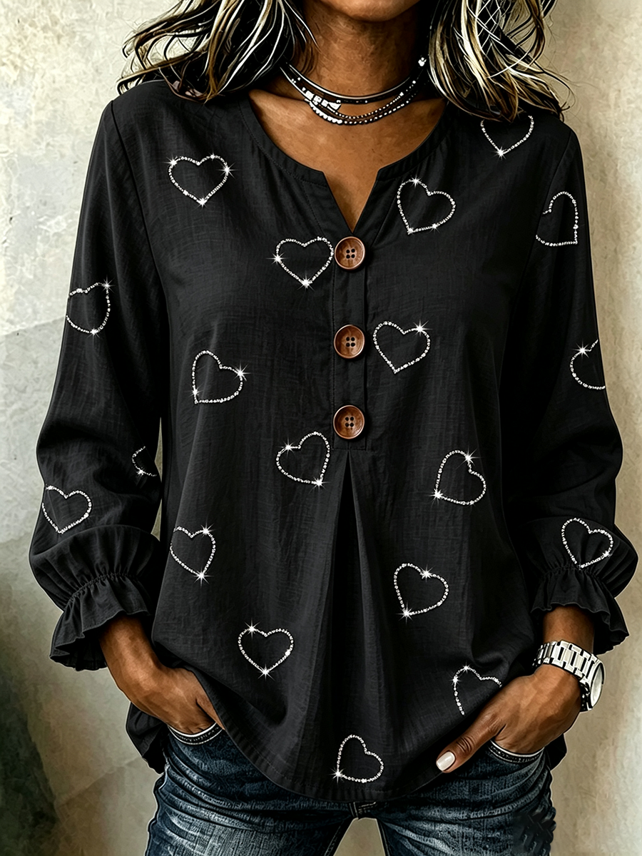 Women's Casual V-Neck Heart-Shaped Rhinestone Top