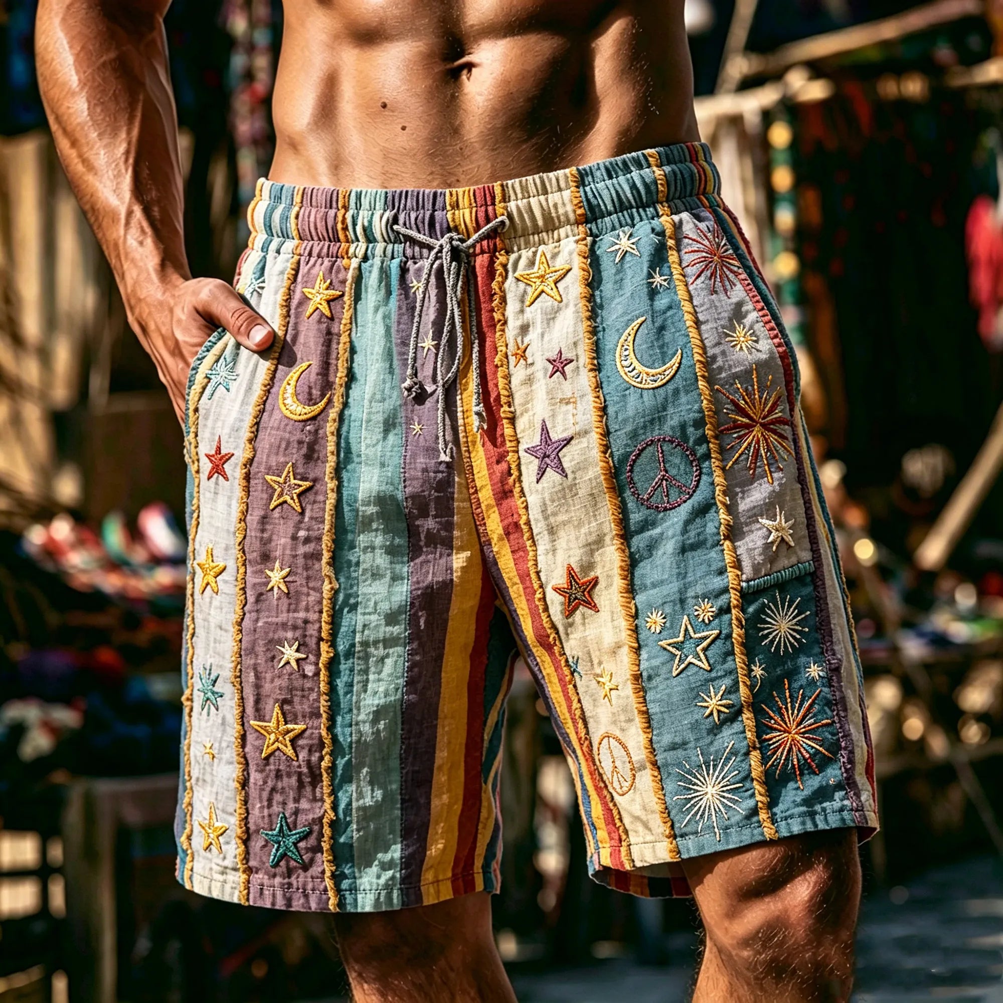 Men's Hippie Patchwork Vintage Star Moon Peace Sign 3d Embroidery Bohemian Beach Shorts