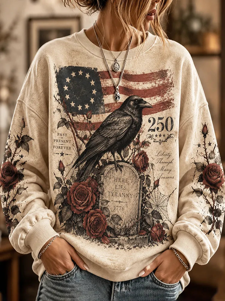 Women's Patriotic American Flag And Raven Tombstone Pattern Sweatshirt