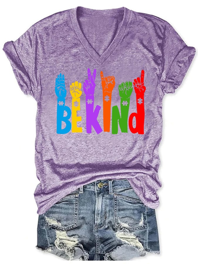 Women's Be Kind Print Autism Awareness V-Neck T-Shirt