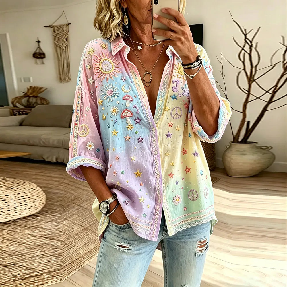 Women's Hippie Sun Moon Stars Art Tie-dye Candy Color Cotton Linen Casual Long Sleeve Shirt