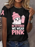 Women's In October We Wear Pink Halloween Ghost Breast Cancer Awareness Warrior Tee